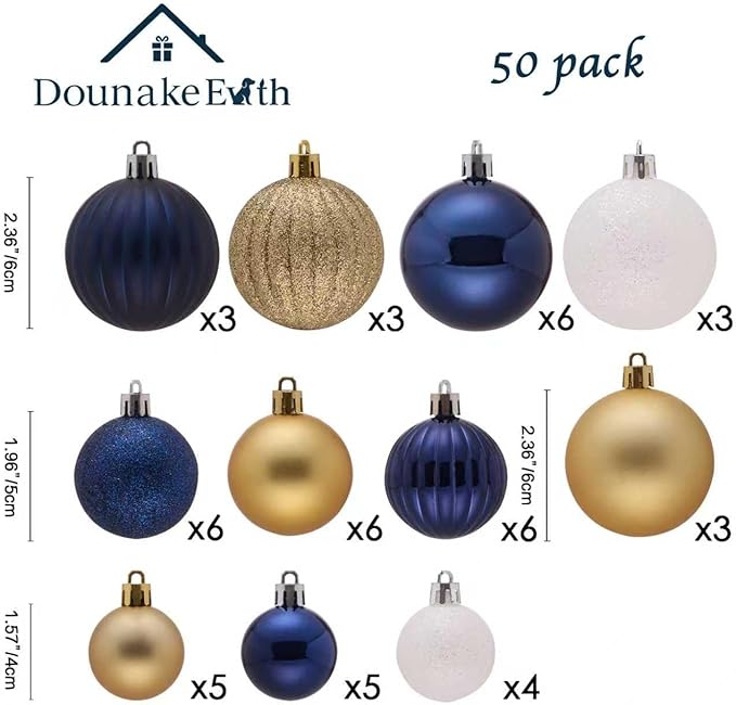 50Pcs Christmas Balls Ornaments for Xmas Christmas Tree, Blue and Gold Shatterproof Christmas Tree Decorations Hanging Ball for Holiday Party Decor(1.57"-2.36")