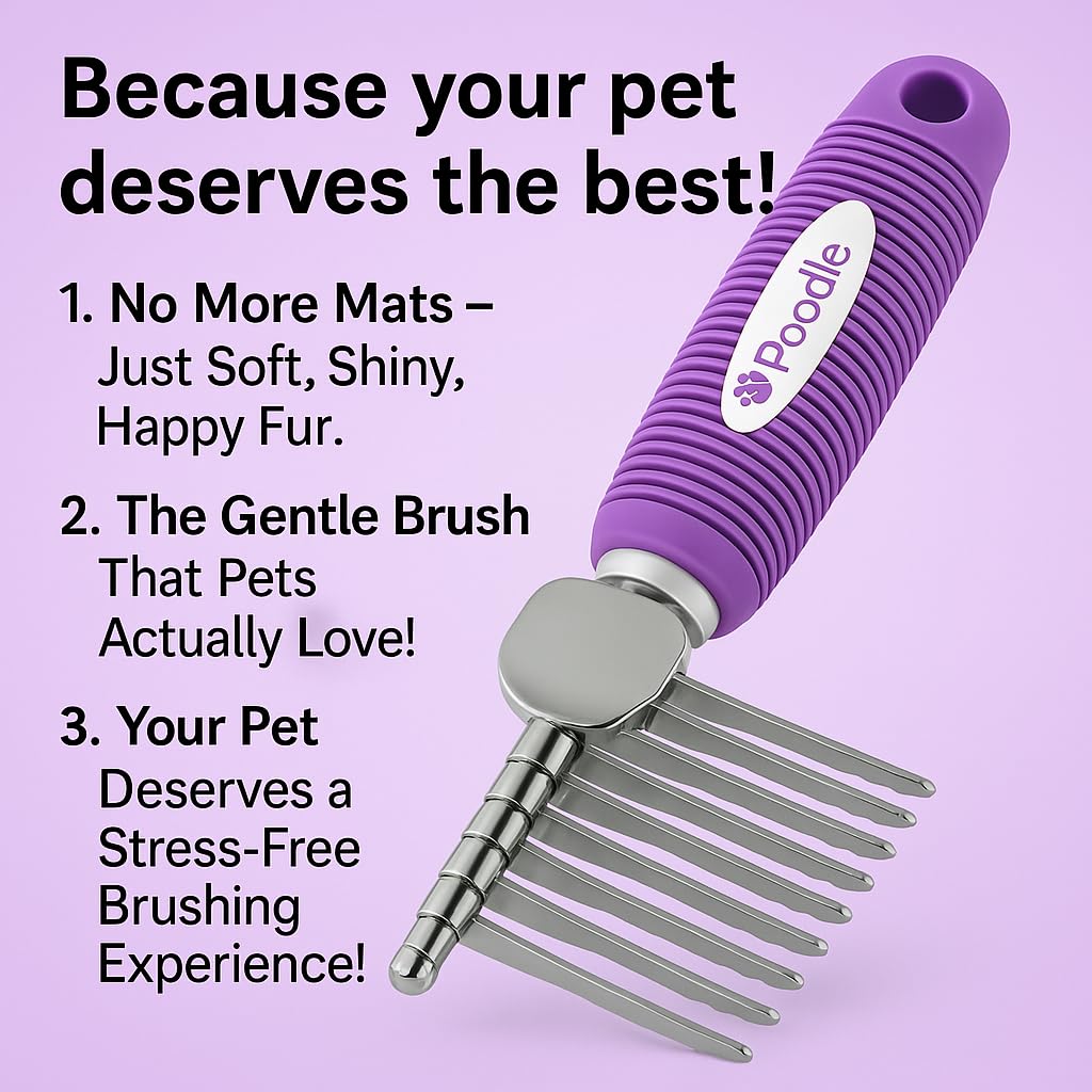 Poodle Pet Dematting Fur Rake Comb Brush Tool with Long 2.5” Steel Safety Blades for Detangling Matted or Knotted Undercoat Hair, Safe Grooming Accessories for Dogs, Longhaired Cats, Rabbits, Horses