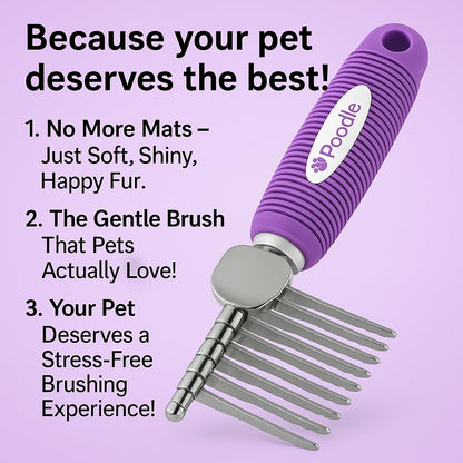 Poodle Pet Dematting Fur Rake Comb Brush Tool with Long 2.5” Steel Safety Blades for Detangling Matted or Knotted Undercoat Hair, Safe Grooming Accessories for Dogs, Longhaired Cats, Rabbits, Horses