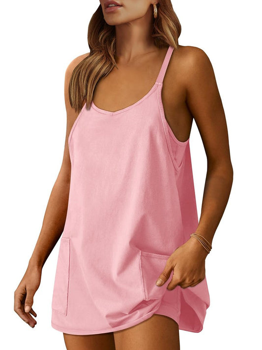 ANRABESS Women Athletic Dress Summer Tennis Workout Active Sports Mini Romper Dress Built in Shorts Travel Vacation Clothes Pink Large