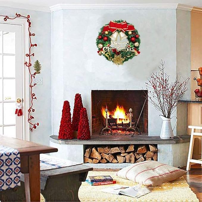 H&W Large Christmas Wreath (19.69 Inch / 50 cm) for Front Door Wall Windows Artificial Poinsettia Xmas Decoration with Tinkle Bell Bowknot and Small Ornaments (MC7-D1)