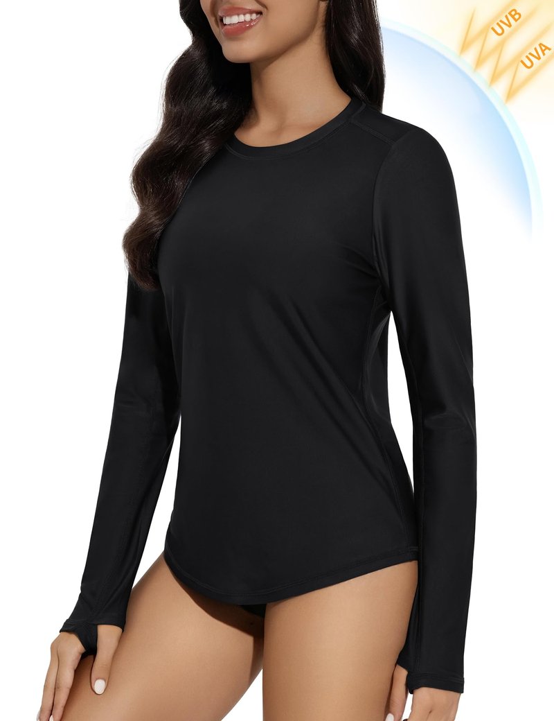 Bonneuitbebe Womens Long Sleeve Rash Guard Black Hiking Tops UV Sun Protection Quick Dry Only Swim Tee