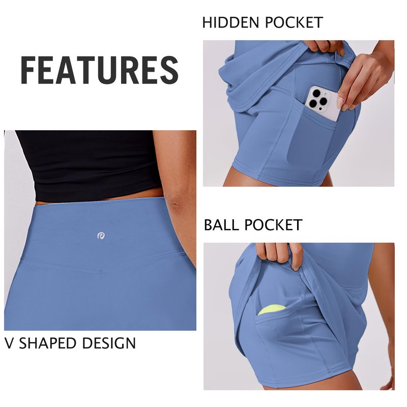 PINSPARK Skorts for Woman High Waisted Tennis Skirts with 2 Pockets Tummy Control Lightweight Performance Active Golf Skirt，Blue XXL