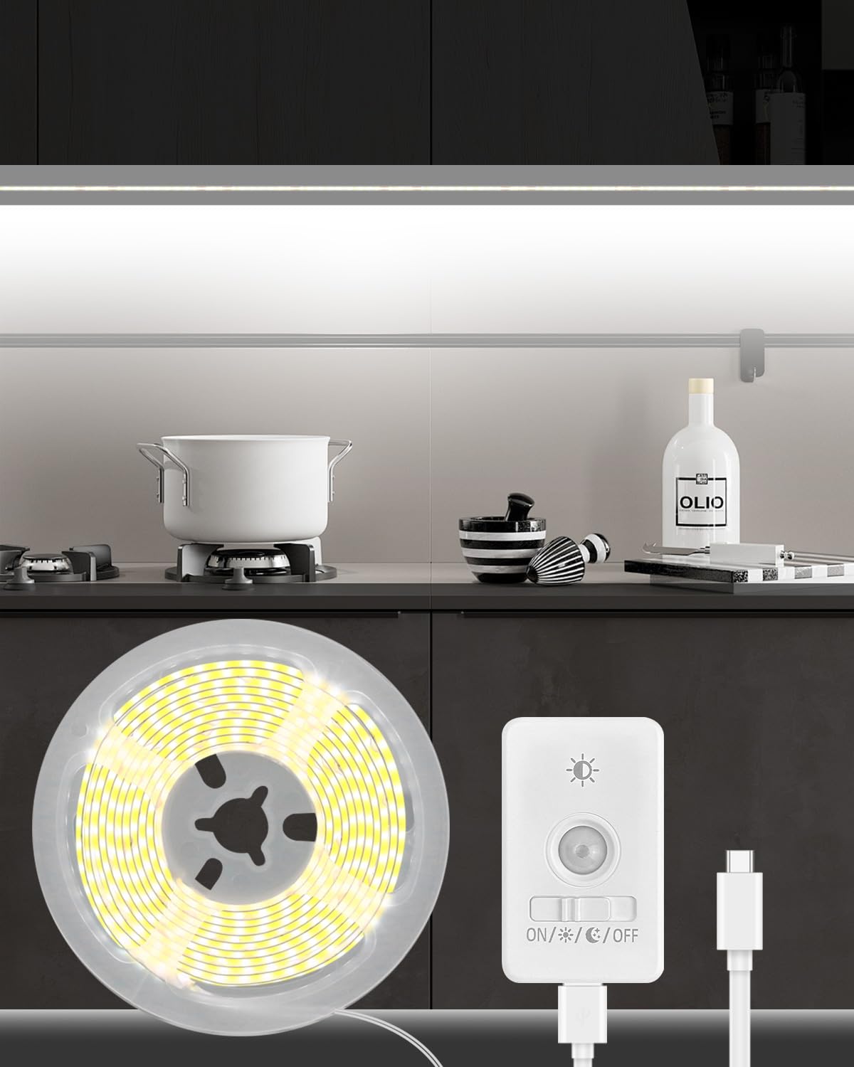 Amagle Under Cabinet Lights, 60 Leds Dimmable Motion Sensor Light Indoor, 2200mAh Rechargeable Battery Closet Lights, 6000K White COB Led Strip Lights for Bedroom, Kitchen, Stair, Shelf, 2 Pack,6.56FT