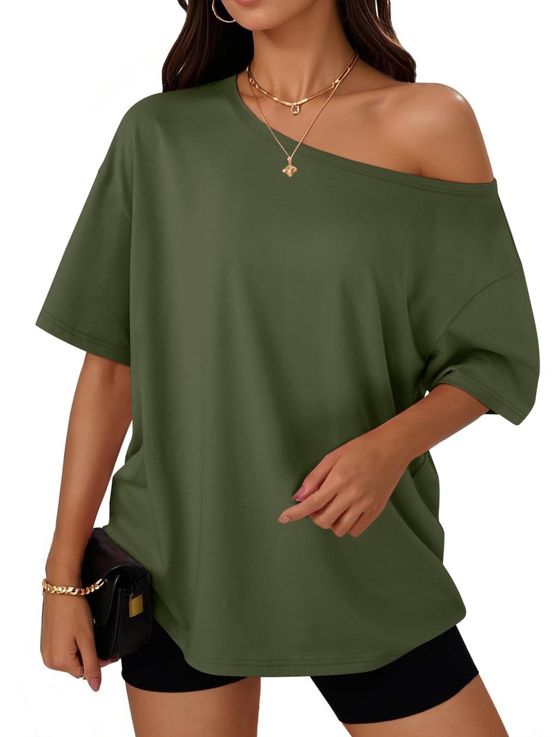 Trendy Queen Womens Off the Shoulder Tops Oversized T-Shirts Short Sleeve Tees Summer 2026 Casual Spring Clothes Workout Gym Y2k Cute Going Out Plus Size Fashion Clothing ArmyGreen S