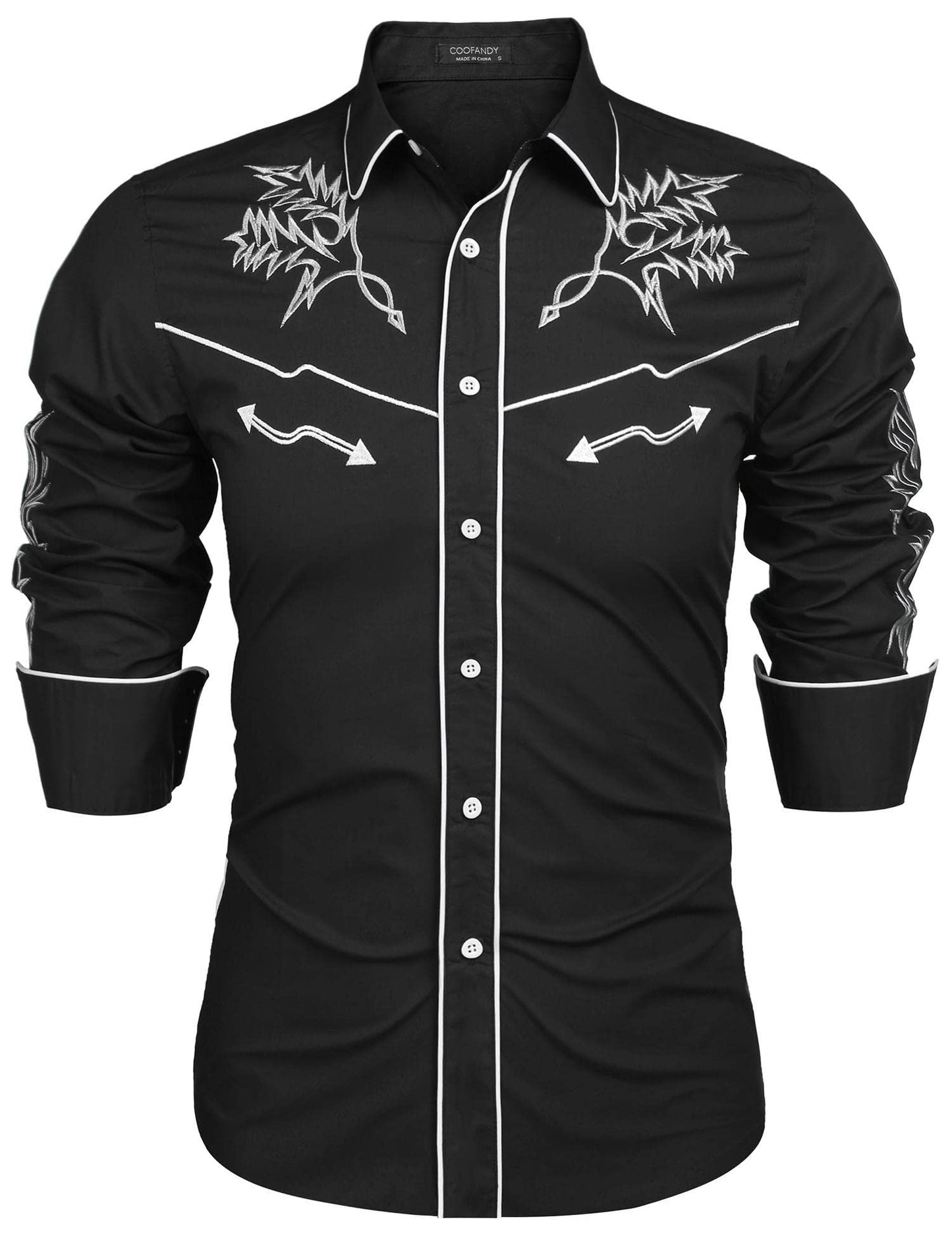 COOFANDY Mens Western Cowboy Shirt Embroidered Denim Long Sleeve Casual Button Down Shirt Black, Large