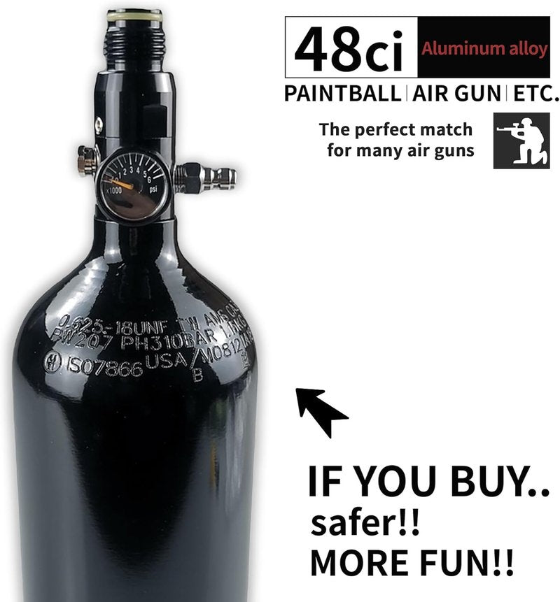 Paintball Tank System - 48ci HPA Aluminum Air Tank | 3000psi Input, 800psi Output, Flat Bottom Design