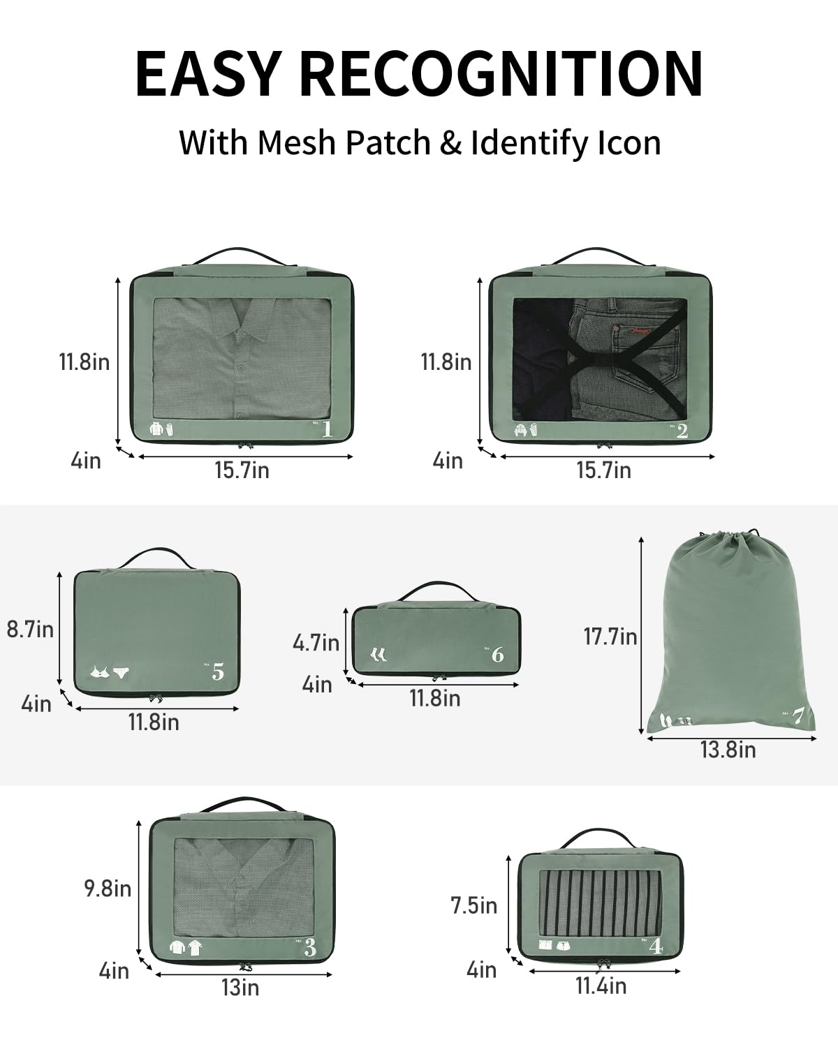 ECOHUB 7 Set Packing Cubes Tear-Resistant Luggage Packing Organizers with Number Icon for Travel Accessories Luggage Suitcase Machine Washable Packing Cubes (Green)