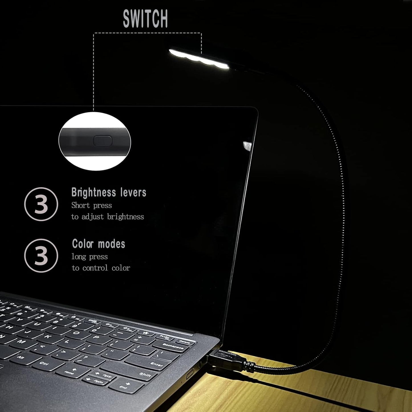 USB Light for Laptop Keyboard, Thickened & Flexiable 3 Brightness x 3 Color Temperature USB Reading Light for Nightwork Without Disturbing Roommates.