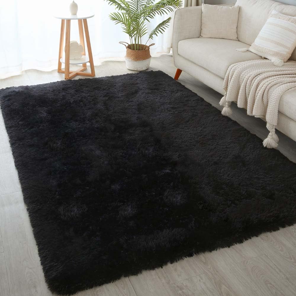 KICHOWUA 5x8 Black Fluffy Shag Rug for Bedroom, Ultra Soft Plush Fuzzy Washable Non Slip Floor Cozy Carpet, Modern Comfy Furry Shaggy Area Rug for Living Room, Kids Baby Boys Girls Nursery Dorm