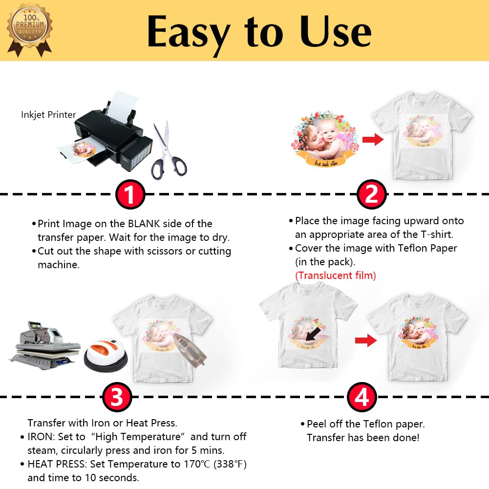 TransOurDream Upgraded Iron on Heat Transfer Paper for T Shirts (20 Sheets, 8.5x11) Iron on Transfers for Light Fabric Printable Heat Transfer Vinyl for Inkjet Printer (TOD-4)