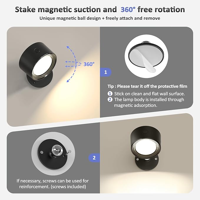 Lightbiz LED Wall Lights 2 Pcs with Remote, RGB Ambience Wall Sconces Lamp 3000mAh Rechargeable Battery Operated, 3 Color Temp & Dimmable Magnetic 360° Rotation Cordless Light for Living Room Bedside