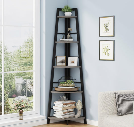 BON AUGURE Rustic Tall Corner Bookshelf, 5 Tier Wood and Black Metal Corner Ladder Shelf, Industrial Corner Bookcase and Gray Corner Shelf for Living Room, Bathroom, Kitchen (Dark Gray Oak)