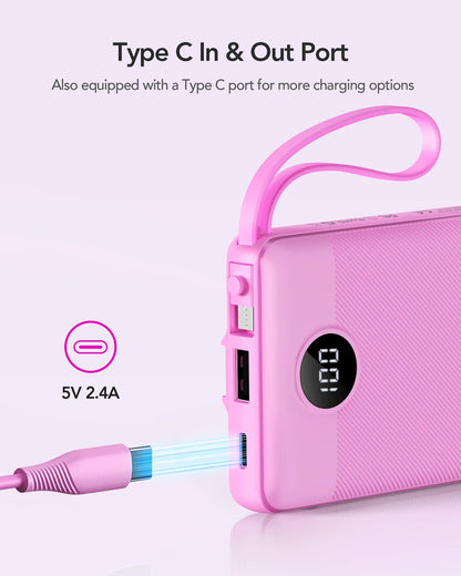 VRURC Portable Charger with Built in Cables, Slim Power Bank 10000mAh, USB C Battery Pack Travel Essential, 5 Outputs 2 Inputs Phone Charging Bank for iPhone 16 15 14 13,Samsung,Android-Black(1 Pack)