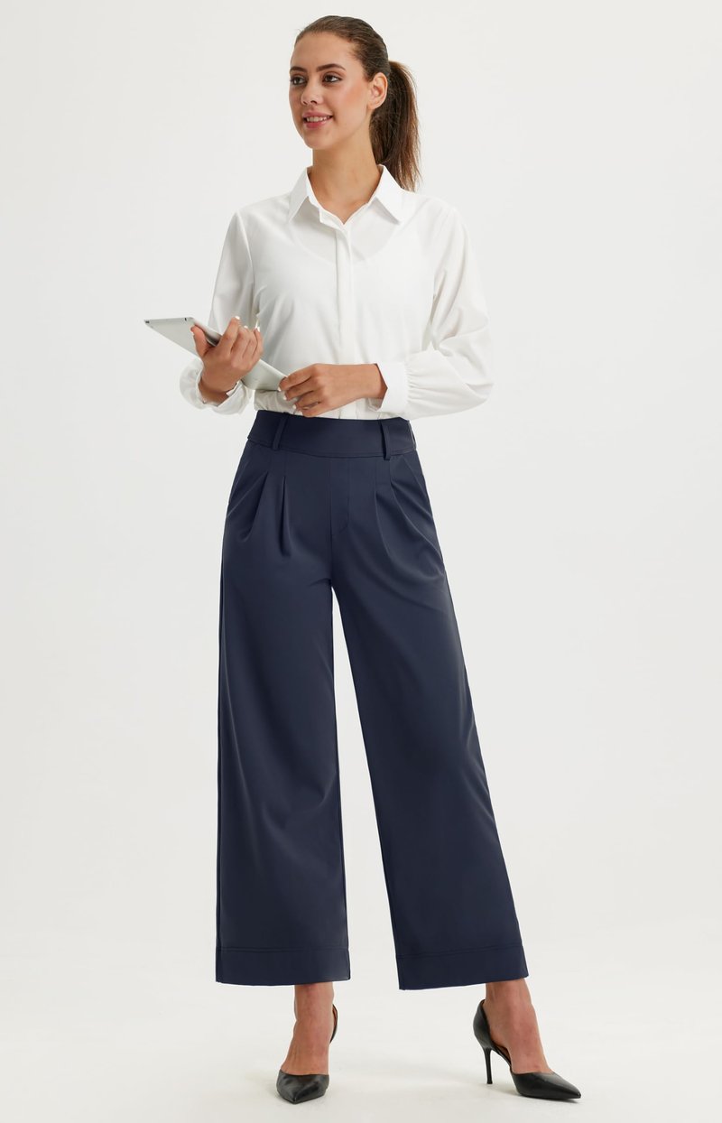 Libin Women's Wide Leg Work Pants 29" High Waisted Stretch Dress Casual Sweatpants Business Office Pants Trousers with Pockets,Navy Blue,Medium