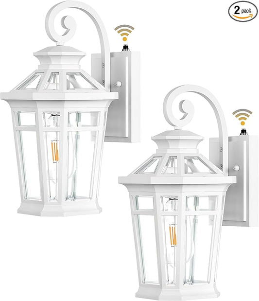 Outdoor Porch Lights, 2-pack White Outdoor Light Fixture Wall Mount, Dusk to Dawn Outdoor Sconce light, Anti-rust Exterior Wall Lantern with Glass Shade, Coach Lights for Garage, Patio, Balcony