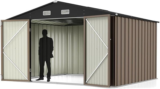 Greesum 10x8FT Outdoor Storage Shed, Utility Tool Shed Metal Storage Garden Shed with Door & Lock for Patio Storage, Brown