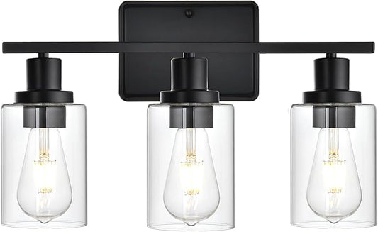 Bathroom Vanity Light,3-Light Modern Black Bathroom Light Fixtures with Clear Glass Shade,Wall Lamps for Living Room,Bath Vintage Wall Mounted Lights for Mirror,Bedroom