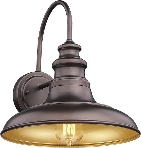 Outdoor Barn Light Fixture Farmhouse Wall Mount Light Gooseneck Wall Sconce Exterior Wall Lighting Fixture Industrial Bronze Finish Lantern for Porch with Gold Interior, 1Pack, RZ004 ORB