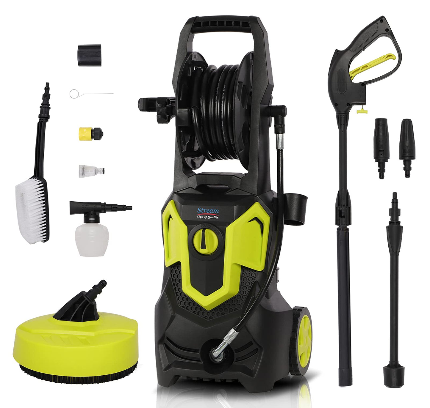 Stream Pressure Washer, 1650W 135Bar 420L/H Portable Pressure Washer Jet Washer with Patio Cleaner, Power Pressure Washers with Snow Foam Water Tank Adjustable Nozzle for patio and Car