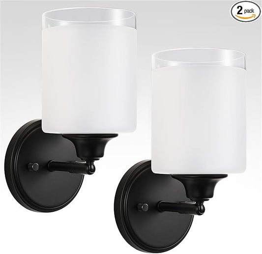 Wall Sconces Set of Two Bathroom Light Fixtures with Frosted Glass Shade, Modern Matte Black Wall Lights Vanity Lights, Sconces Wall Decor Set of 2 for Bathroom Bedroom Mirror (E26 Base)
