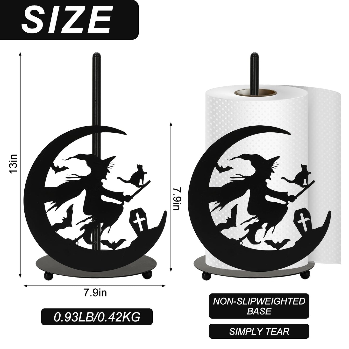 JarThenaAMCS Halloween Paper Towel Holder Black Witch Kitchen Decor Accessories for Home Bathroom, Large Metal Towel Holder Stand for Countertop
