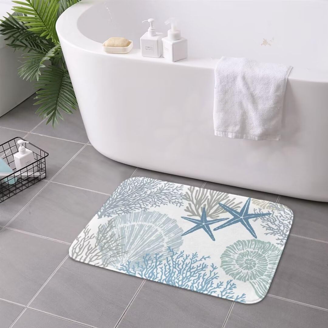 Coastal Beach Bath Mats for Bathroom,Nautical Ocean Seashells Starfish Absorbent Bath Rug Non-Slip Floor Rug Carpets Door Mat Washable Area Rugs for Bathroom Laundry Bedroom Living Room Kitchen,Blue