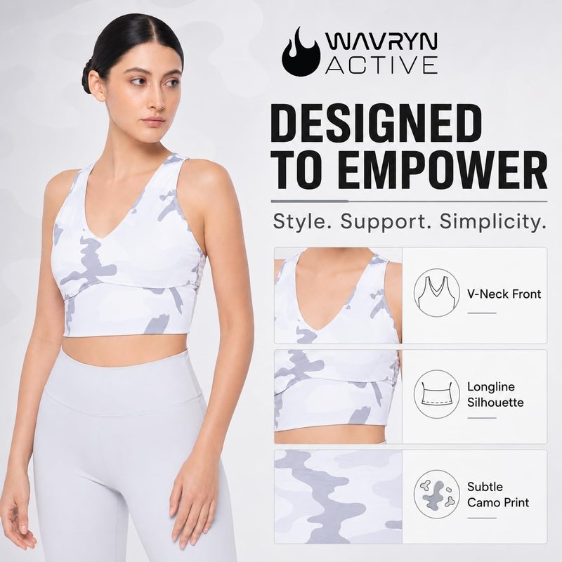 WAVRYN ACTIVE Women's Camo Sports Bra Top Medium Support Cross-Back Workout Bra for Gym, Yoga, Fitness - M, Grey-White