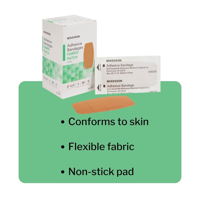 McKesson Adhesive Bandages, Sterile, Fabric Patch, 2 in x 4 in, 50 Count, 1 Pack