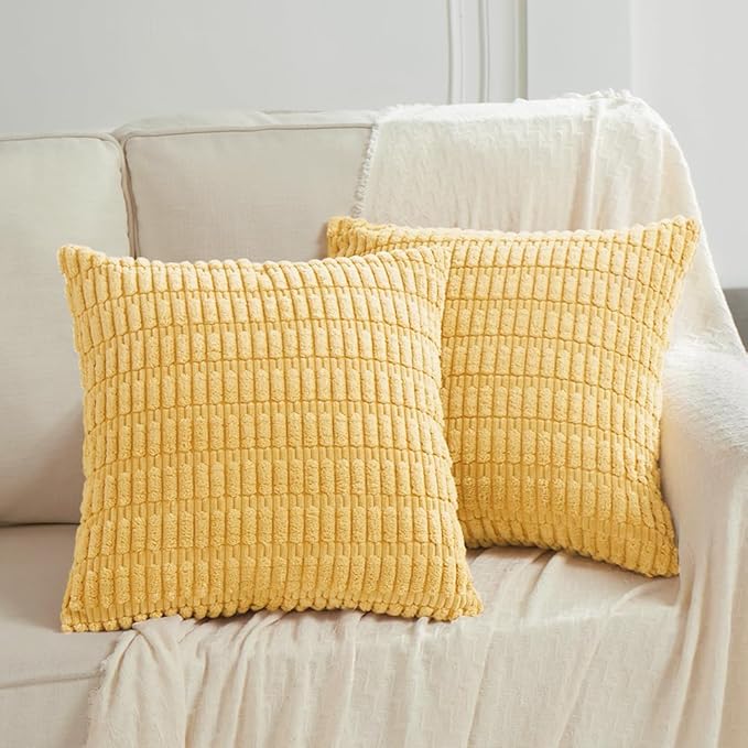 Fancy Homi 1 Pack Boho Yellow Spring Decorative Throw Pillow Covers 22x22 Inch for Couch Bed Sofa, Rustic Modern Farmhouse Home Decor, Soft Plush Corduroy Cute Square Cushion Case 55x55 cm