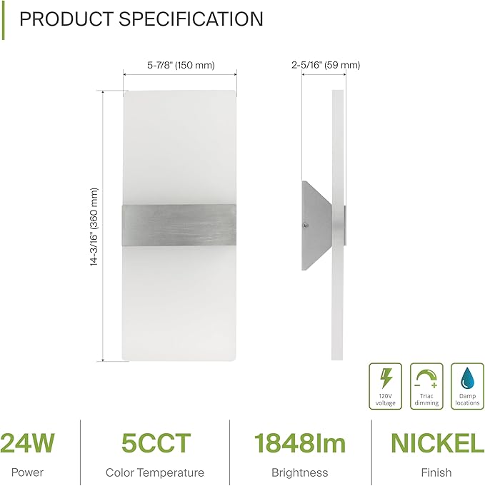 ASD 14 Inch LED Indoor Wall Sconce - Modern Interior 24W 120V 2700K-5000K Adjustable Dimmable Wall Mounted Light Fixtures, Acrylic Glass Wall Lights for Stairway, Hallway - ETL, Brushed Nickel 2 Pack