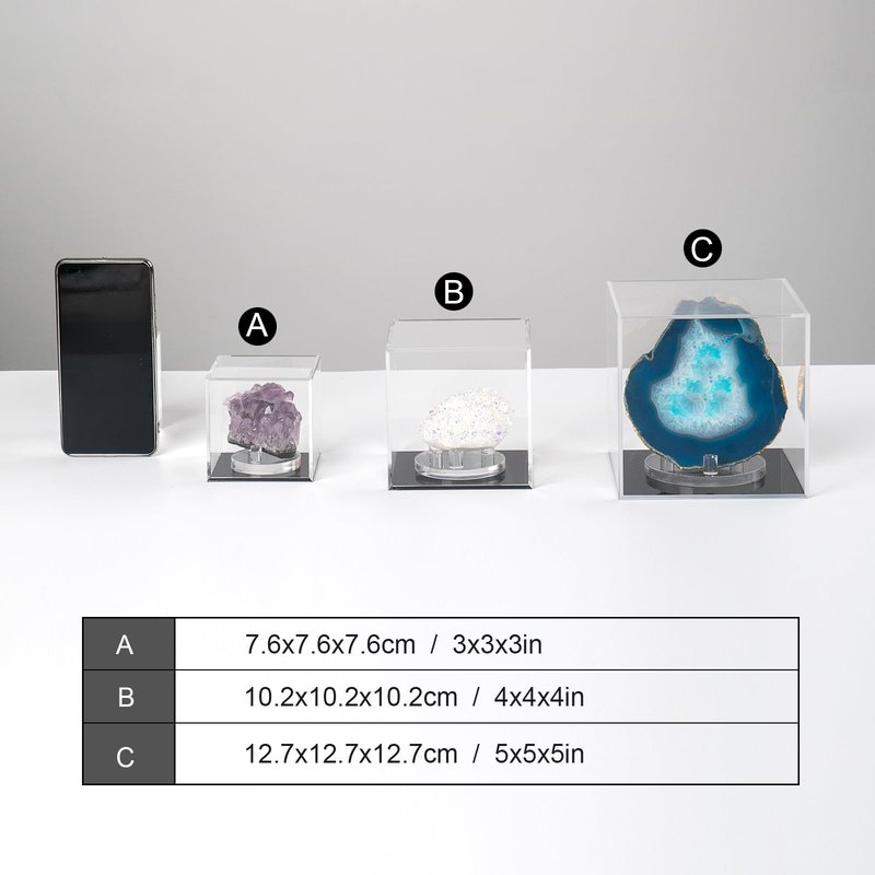 Kcgani Clear Acrylic Boxes for Collectibles Display, Removable Countertop Storage Box Cube Organizer Stand Riser, Dustproof Protection Showcase for Crystals Minerals Slab Fossil Coral, 3x3x3Inch