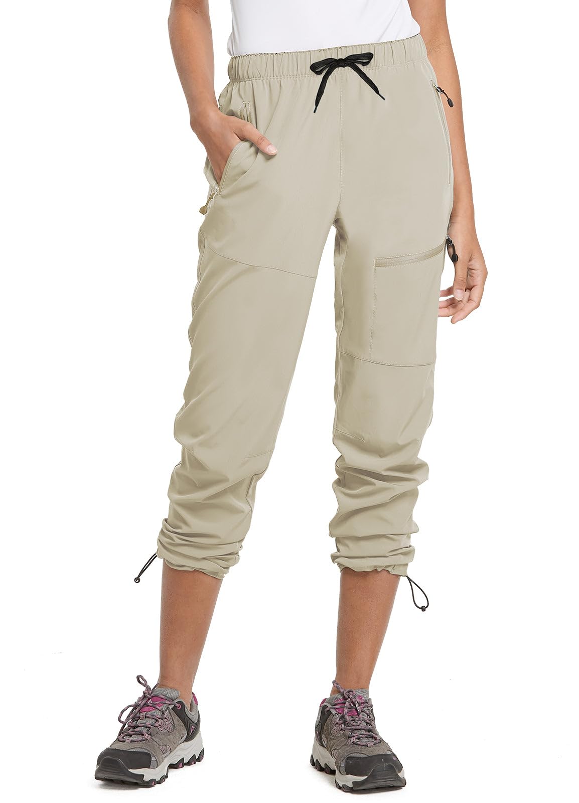baleaf Cargo Pants for Women Petite Joggers Lightweight Quick Dry Pant Water Resistant 27'' Travel Workout Athletic Suntan Size L