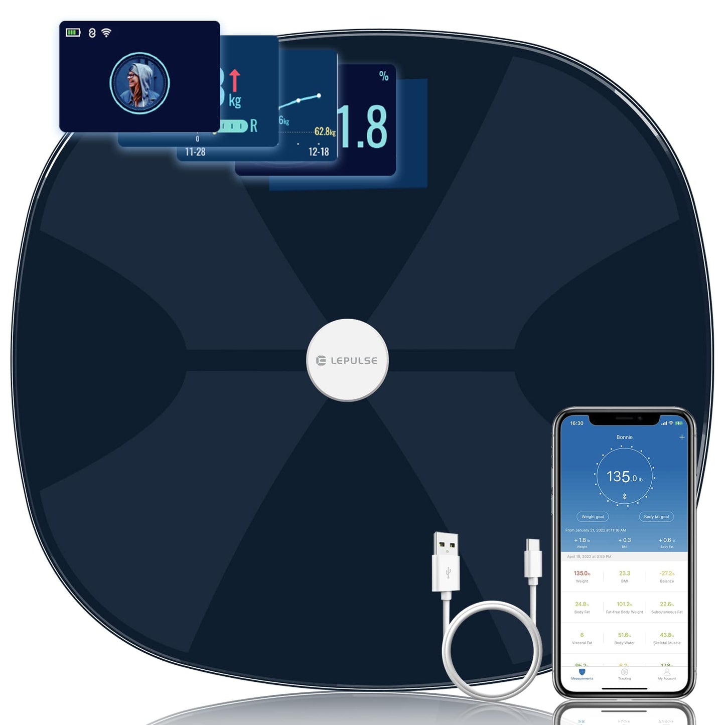 Lepulse Smart Scale for Body Weight, Digital Bathroom Weight Scale with BMI Muscle Mass 20 Body Composition Metrics, Large Display Body Fat Scales, Heart Rate, Accurate Bluetooth Weighing with App