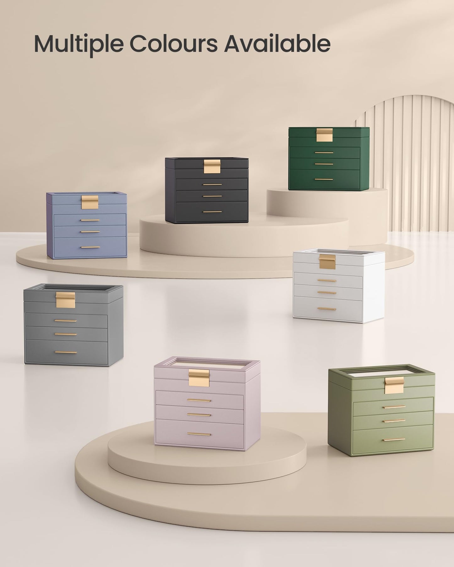 SONGMICS Jewellery Box with Glass Lid, 4-Layer Jewellery Storage Organiser with 3 Drawers, Plenty of Storage, Modern, Gift Idea, 15.3 x 25.1 x 21.5 cm, Cloud White and Gold Colour JBC161W01