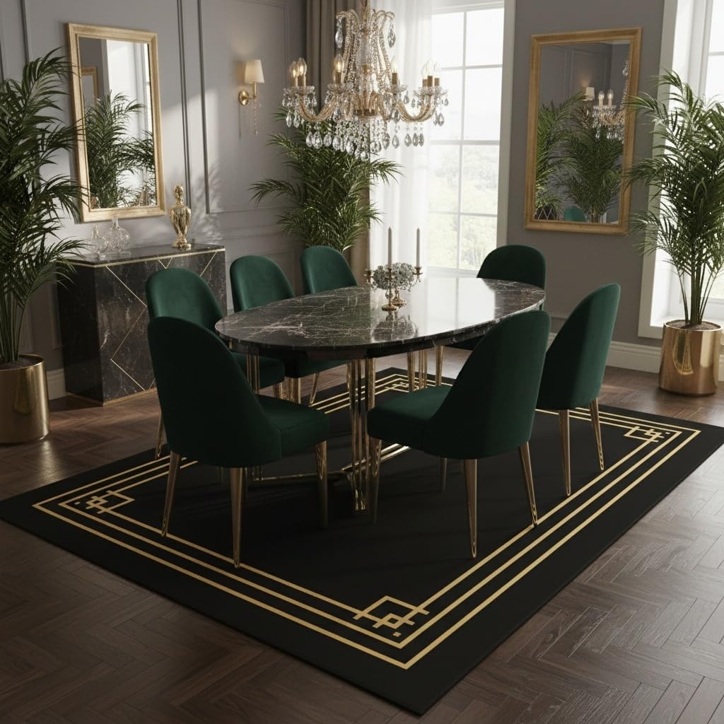 Minimalist Black Gold Lines Border Geometric Print Rug Contemporary Aesthetic Art Deco Area Rug for Living Room Diningroom Guestroom Large Washable Soft Faux Wool Carpet Lux Indoor Floor Mat 3x5
