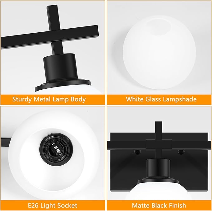 Modern Vanity Lighting Fixtures,3-Light Black Bathroom Lighting Fixtures Over Mirror，Bathroom Wall Mounted Vanity Light with Milky White Glass Lampshade for Living Room，Bedroom，Hallway
