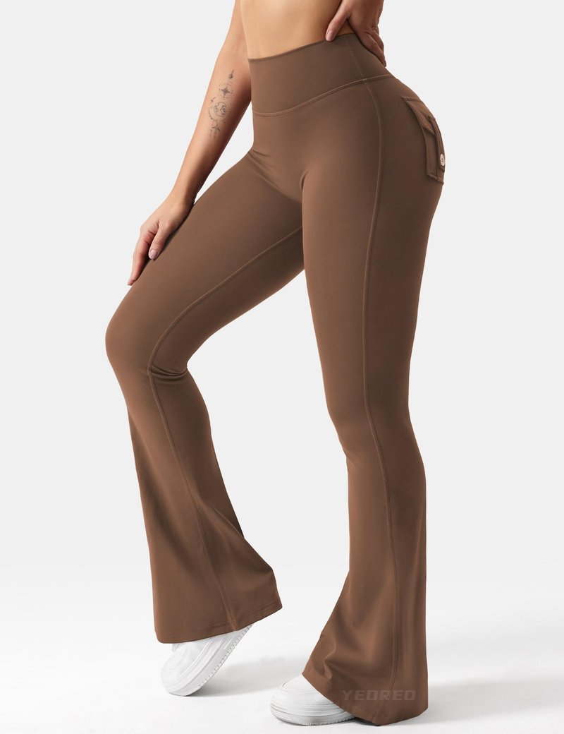 YEOREO CoreFlex Flare Leggings with Pockets for Women Scrunch Workout Leggings Butt Lifting Gym Yoga Pants Brown