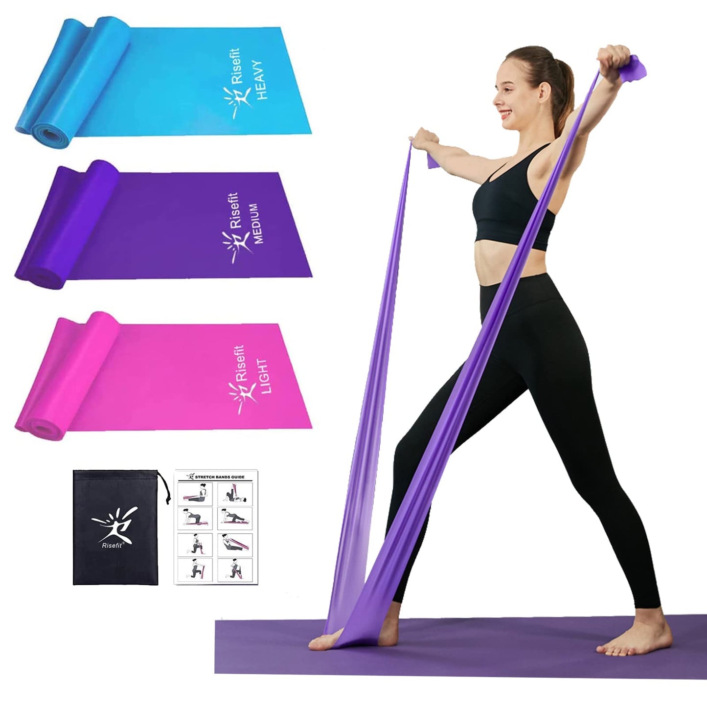 Therapy Flat Resistance Bands Set, Latex Free Flat Exercise Stretch Bands for Stretching, Flexibility, Pilates, Yoga, Ballet, Gymnastics and Rehabilitation Pin, Purple, Blue (3 Packs, 4.9FT Long)