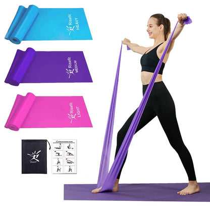 Therapy Flat Resistance Bands Set, Latex Free Flat Exercise Stretch Bands for Stretching, Flexibility, Pilates, Yoga, Ballet, Gymnastics and Rehabilitation Pin, Purple, Blue (3 Packs, 4.9FT Long)