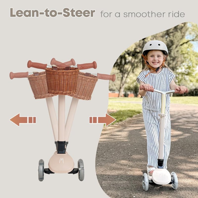 MomnLittle Toddler Scooter for Kids Ages 3-10, 3 Wheel Foldable Kick Scooter with Mini Basket, LED Light-Up Wheels, Lean-to-Steer Design, 4 Height Adjustable Handlebar for Boys and Girls, Pink