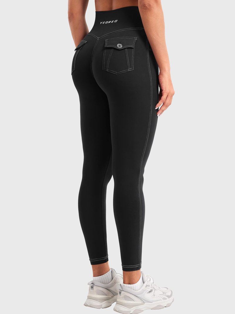 YEOREO CoreFlex Women Workout Leggings with Pockets Scrunch Butt Lifting Gym Cargo Denim-Look Yoga Pants Black L