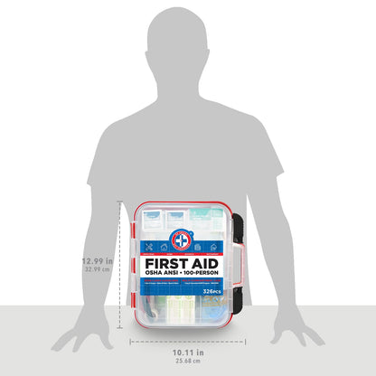 Be Smart Get Prepared First Aid Kit Hard Red Case 326 Pieces Exceeds OSHA and ANSI Guidelines 100 People - Office, Home, Car, School, Emergency, Survival, Camping, Hunting and Sports (20HBC01015REV3)