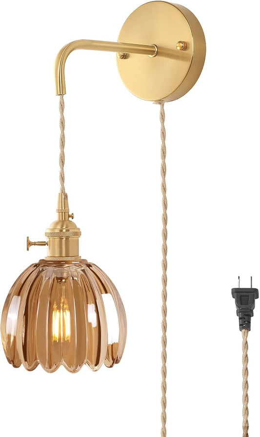 Vintage Wall Sconce Wall Lamp with Amber Tulip Glass Shade Hanging Wall Sconce with 4.9FT Plug in Cord, Modern Wall Lamp Fixtures Decor for Bedside Bedroom Indoor Doorway