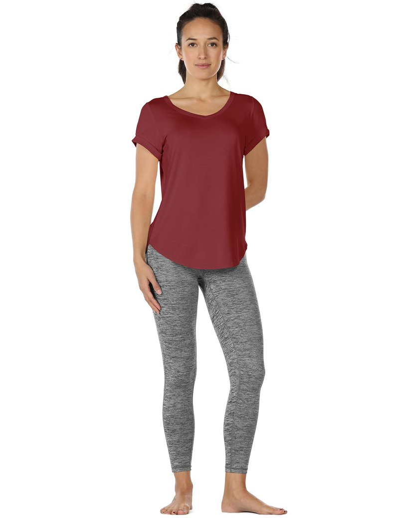 icyzone Open Back Yoga Shirts for Women - Exercise Workout Tops, Athletic Short Sleeves, Running T-Shirts Loose Fit (M, Wine)