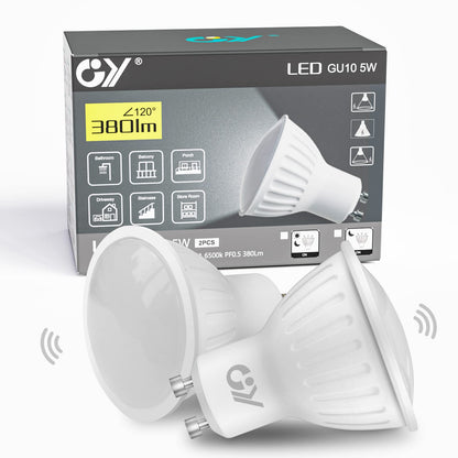 GY GU10 LED Light Sensor Lamp 6500K Cool White Bulbs, 5W 380lm Replaces 40W Bulb, Automatic On/Off, Beam Angle 120°, Not Dimmable, 2 PCS