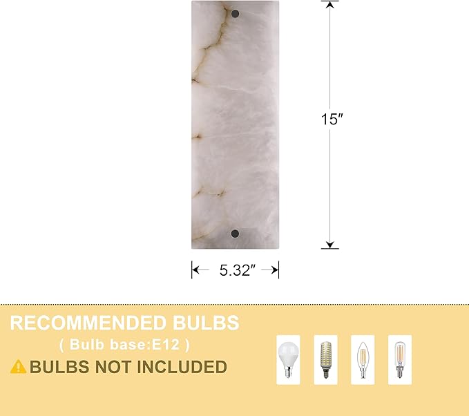 2 Pack 2 Light 15" Alabaster Marble Bathroom Wall Sconce Modern Concise Style Wall Light Fixture,Black Finish for Bedroom Hallway Bedside