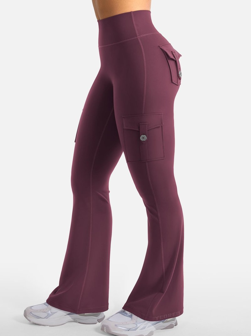 YEOREO CoreFlex Women Workout Flare Leggings with Pockets Hidden Scrunch High Waisted Cargo Gym Yoga No Front Seam Leggings Black Cherry L