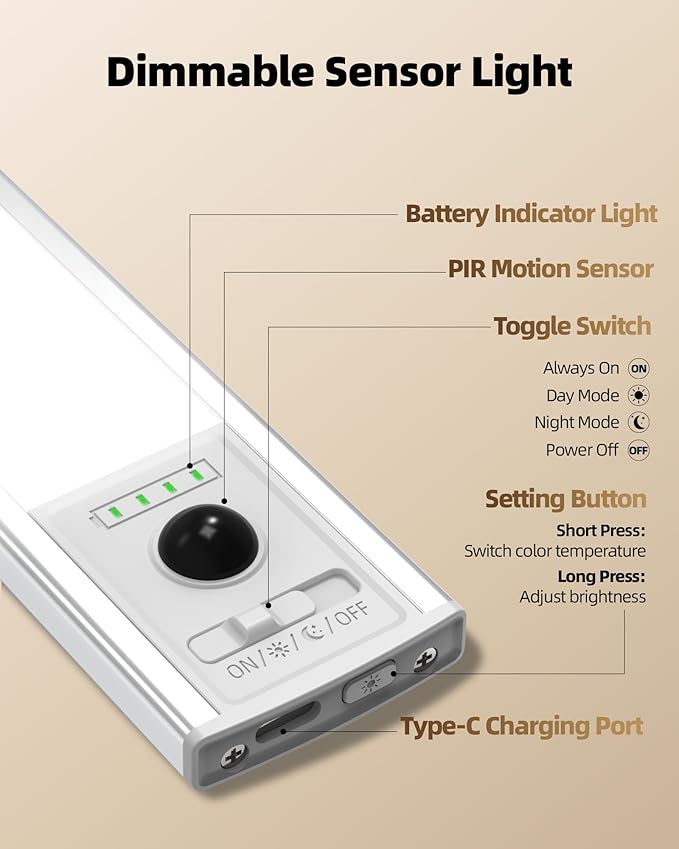 EZVALO 12inch Under Cabinet Lighting Wireless with Battery Indicator, 2500mAh Rechargeable Motion Sensor Light Indoor, 96 LED Under Counter Lights for Kitchen Closet, 3 Color Temps, Dimmable, 3 Pack