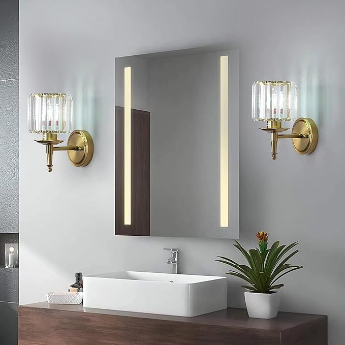 Gold Vanity Lights Bathroom, 3 Lights Fixture for Bathroom Over Mirror, Modern Crystal Wall Sconces Vanity Lighting Fixtures